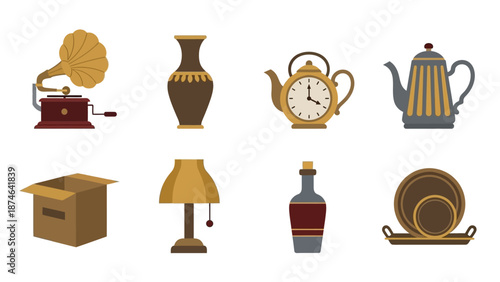Vintage objects collection: retro gramophone, antique teapot, classic clock, and more