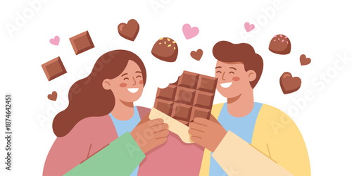 Happy Couple Sharing Chocolate Bar with Hearts – Sweet Love Flat Vector Illustration