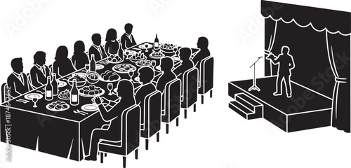 Business Dinner and Stage Presentation Event Illustration.