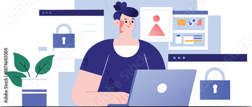 Digital security concept with a person working on a laptop surrounded by abstract digital interfaces padlocks and data visualizations representing online safety and cybersecurity