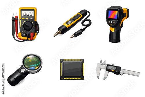 Diagnostic Tools Icons. Hardware diagnostic tools: multimeter, circuit tester, thermal sensor, inspection magnifier, device chip, measurement gauge