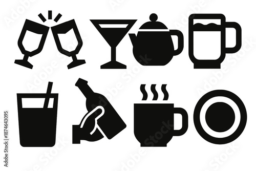 Brutalist Drink Icons. Friendly Gathering icon set in silhouette bold style. Contain clinking glasses, cocktail cup, tea pot, latte cup, juice glass, shared bottle, warm mug, drink coaster