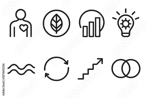 Holistic Development Icons. Holistic Development Pathways set in outline vector style: body–mind symbol, nature circle, wellness bar, learning spark, calm wave,