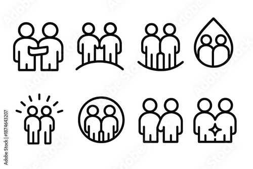 Strength in Partnership. Partnership Strength set in outline vector style : reinforced pair symbol, balanced arc, resilient droplet, anchored duo curve,