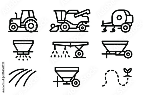 Farm Machinery Icons. Agricultural Heavy Machinery set in outline vector style: tractor, combine harvester, plow blade, baler unit, seed spreader, irrigation boom, grain hopper, field route line