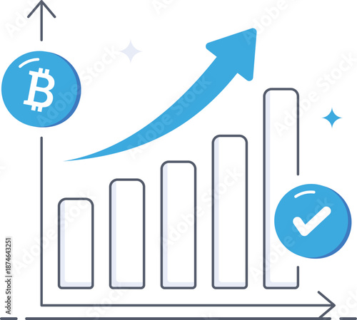 Bitcoin price analysis bar chart with growth arrow isometric flat vector illustration