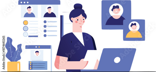 Professional woman with laptop organizing digital profiles and candidate selection for human resources showcasing recruitment process and online job application management