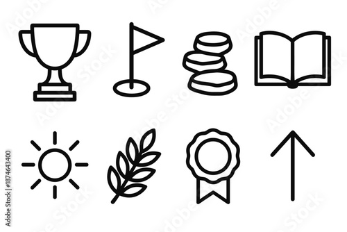 Milestone Icons Collection. Milestone Moments set in outline vector style: trophy shape, flag marker, stepping stone, open book, shining orb, laurel leaf, milestone badge, upward arrow