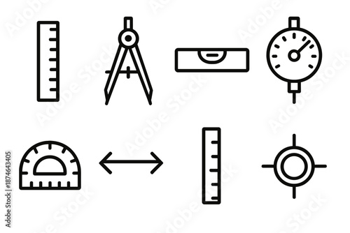 Black Line Tools. Precision Tools set in outline vector style : ruler, compass, level, gauge dial, protractor, measurement arrow, scale marker, adjustment knob