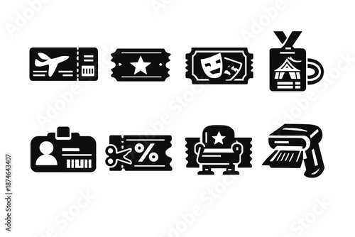 Bold Ticket Icons. Tickets icon set in silhouette bold style. Contain boarding pass, raffle ticket, theater ticket, festival pass, entry card, coupon, reserved seat ticket, ticket scanner