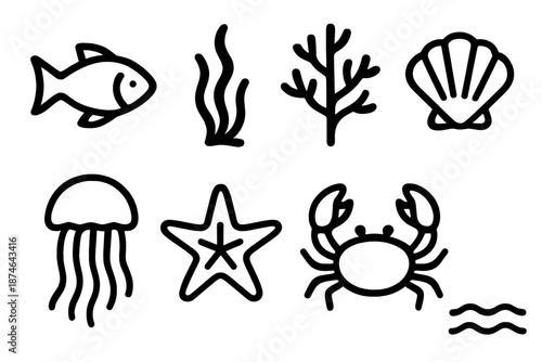 Marine Life Icons. Marine life basicsset in outline vector style fish silhouette, seaweed strand, coral branch, shell, jellyfish, starfish, crab, wave ripple