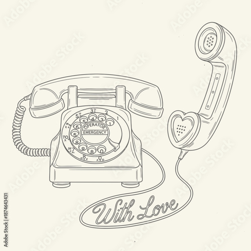 Vintage telephone with heart Vector, illustration