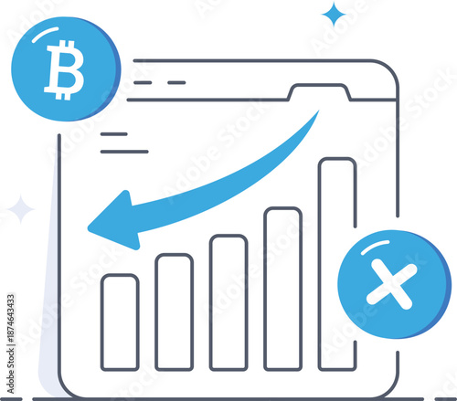 Bitcoin price crash market loss graph browser window isometric flat vector illustration