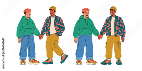 Diverse Gen Z Couple Representing Inclusive Love and Modern Relationship – Flat Vector Illustration