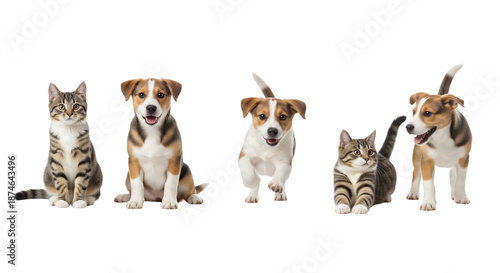 Cats and dogs, playful and sitting, isolated on transparent background