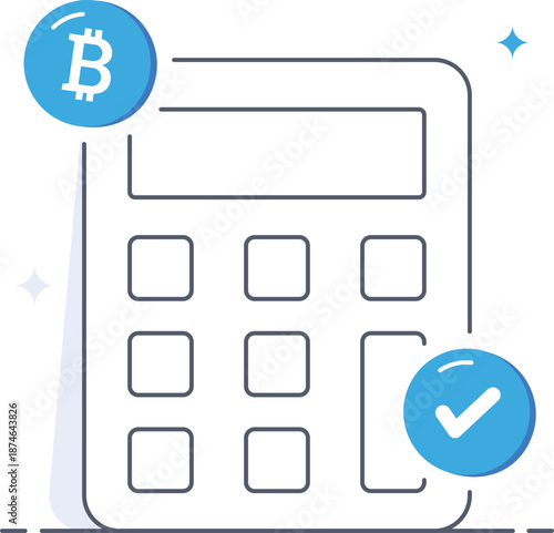 Digital currency calculator calculating bitcoin profit with verification checkmark isometric flat vector illustration