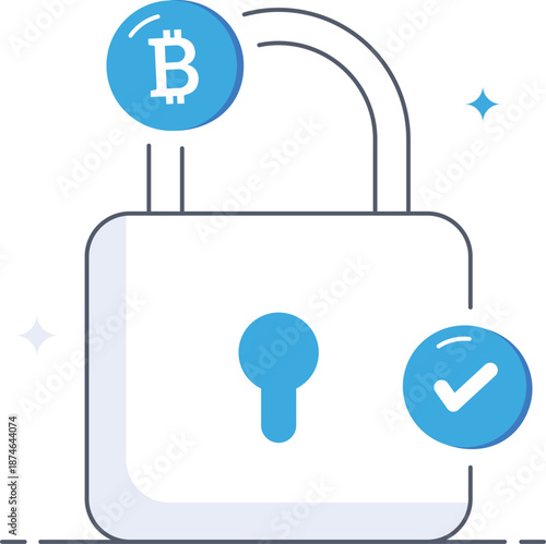Secure bitcoin storage blockchain protection padlock and checkmark isometric flat vector illustration