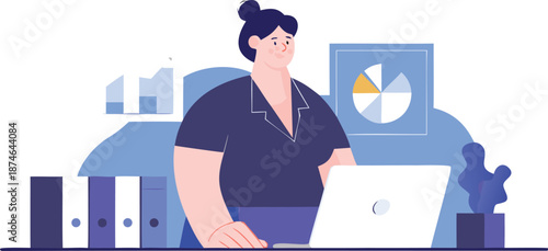 Professional woman working on laptop in modern office with charts and data visualizations in the background symbolizing business growth and analysis with a calm focused atmosphere