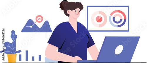 Modern woman actively working on a laptop computer with colorful data charts and graphs displayed on a screen symbolizing business analytics financial planning and digital