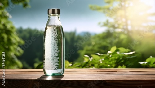 elegant glass water bottle filled with pristine liquid resting on natural wooden table surface promoting healthy hydration and wellness