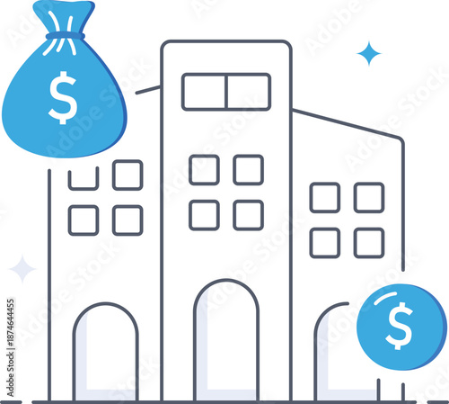 Bank building finance investment money bag coin asset isometric flat vector illustration