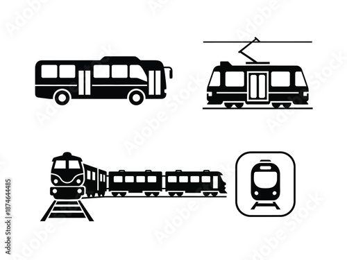 Black and white icons depicting various modes of public transportation vehicles
