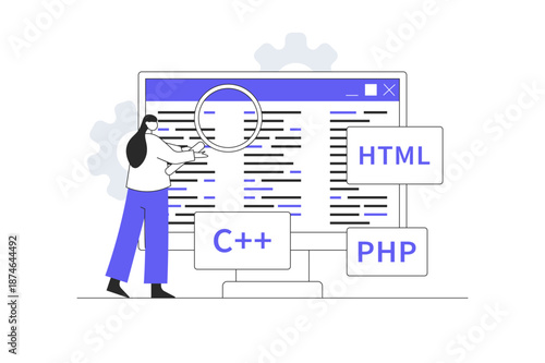 Software development. Woman developer working with programming language, searching problems and fixing code. Flat Cartoon Vector Illustration, icon Stylish abstract design landing page web