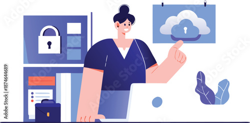 Modern flat illustration of a woman working on a laptop in an office setting featuring cloud computing data security and calendar management concepts with a professional