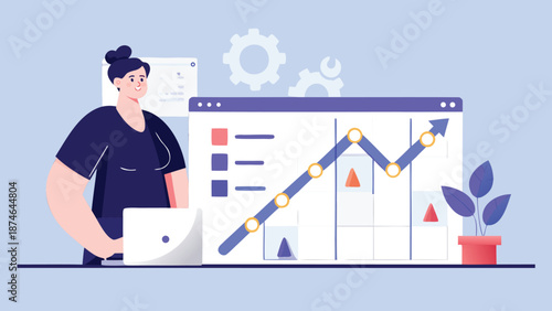 Businesswoman analyzing upward trending financial data on a digital dashboard with charts and graphs laptop nearby symbolizing growth and success in a modern office setting