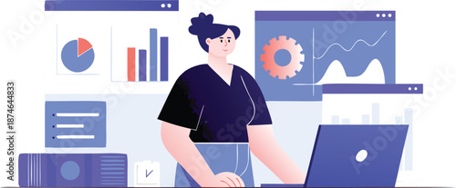 Modern business analyst woman analyzing financial charts and data on laptop in office surrounded by digital screens displaying analytics and graphs representing corporate strategy