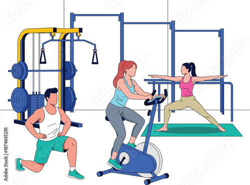 Flat Vector Illustration of People Exercising in a Gym Featuring Woman on Stationery Bike Man Lunging and Woman Practicing Yoga.