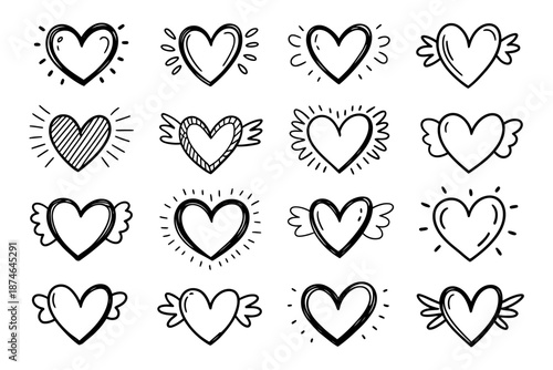 Hand drawn love hearts collection with various decorative elements