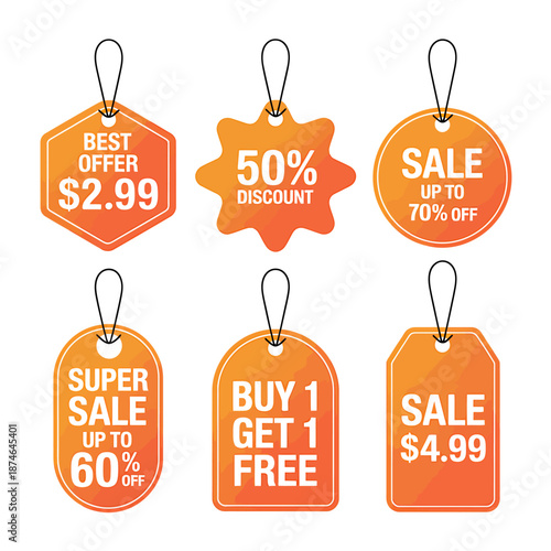 Set of colorful discount sale tags with percentage offers and prices