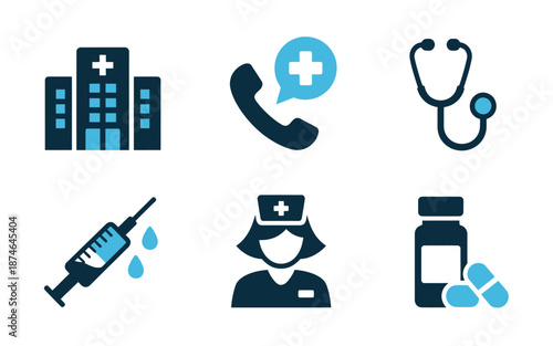 Set of flat medical and healthcare icons with essential symbols