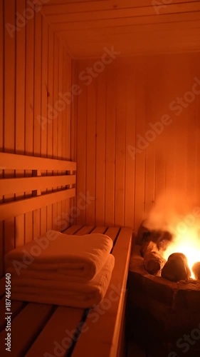 Wooden sauna interior with steam and towels for relaxation and wellness