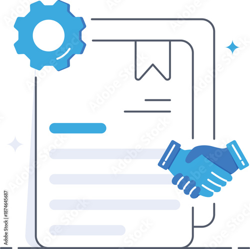 Professional partnership agreement document with gear and handshake icons isometric flat vector illustration