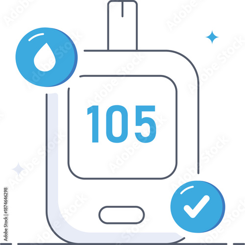 Glucometer device for diabetes monitoring showing blood drop and checkmark icon Flat vector illustration