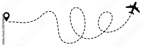 Airplane journey flight travel route path vector illustration, featuring destination line and movement concept, ideal for tourism, travel planning, navigation maps, booking platforms, and transportati