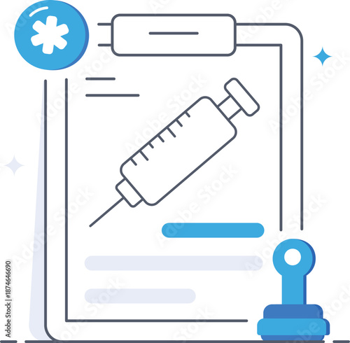 Medical clipboard document and syringe for vaccination records certificate Flat vector illustration