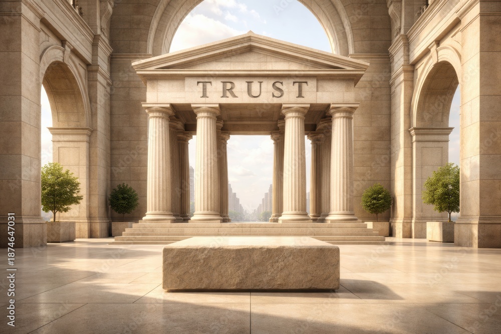Fototapeta premium A large stone block sits in front of tall columns with the word Trust above. Trees are placed near the columns in a vast space.