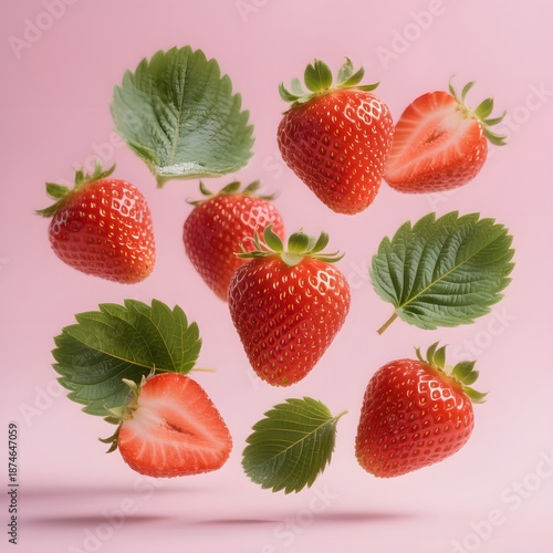 Floating strawberries and leaves against a soft pink backdrop capture the fresh