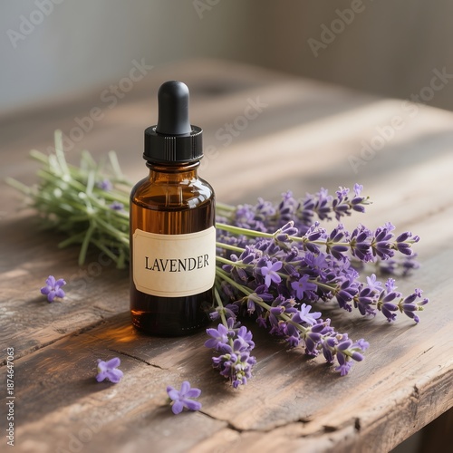 A bottle of lavender oil rests beside fresh lavender flowers 