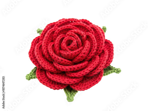 Handcrafted red crochet rose isolated on transparent background