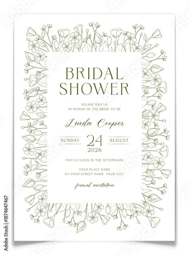 Bridal Shower Invitation Card with Flower Frame.