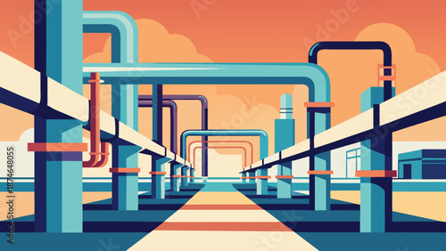 Industrial pipeline infrastructure and energy distribution system vector illustration