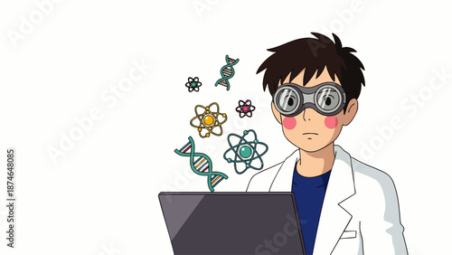 Young scientist in lab coat and goggles researching on laptop, surrounded by DNA and atom symbols, representing scientific discovery and innovation.