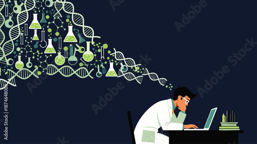 Scientist analyzing data on laptop, with DNA strands, test tubes, and molecular structures flowing from mind, symbolizing genetic research and biotechnology.