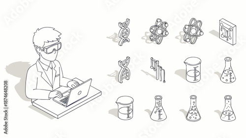 Isometric black and white line art of a scientist with a laptop and various lab equipment. Science research, education, and discovery concept.