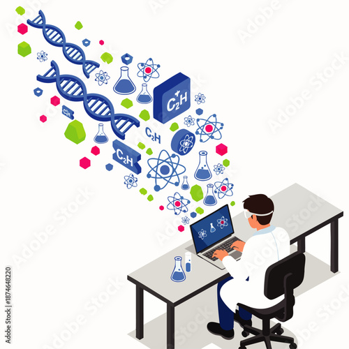 Scientist working on laptop, analyzing data with flowing DNA strands and chemical icons, representing genetic research, biotechnology, and scientific innovation.
