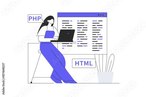 Programming web. Woman working with php and html languages and making program. Flat Cartoon Vector Illustration, icon Stylish abstract design landing page web
